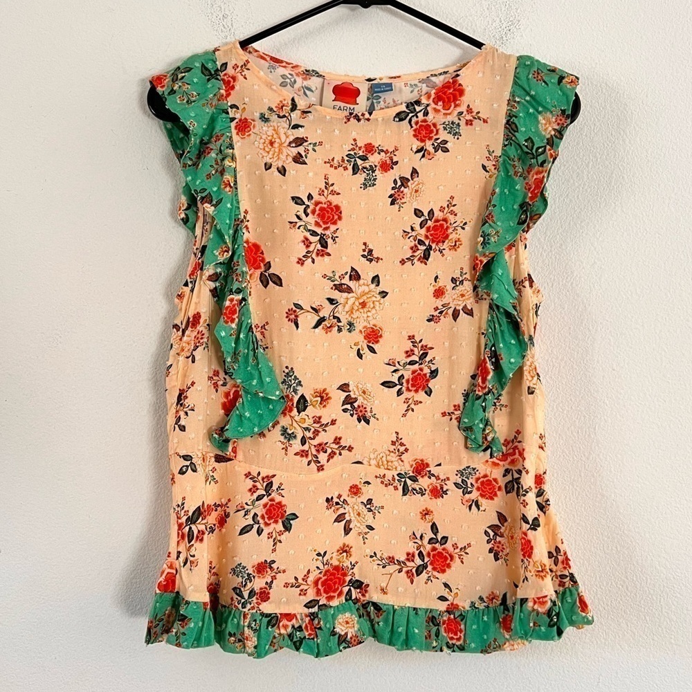 FARM Rio Cream Floral Ruffle Top with Teal Trim - Picture 4 of 16